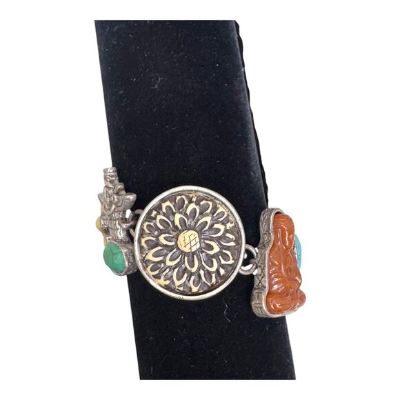 Vtg Tibetan Silver Stone Toggle Bracelet Scarab Turtle Totem Buddha Turquoise - Picture 7 of 9
